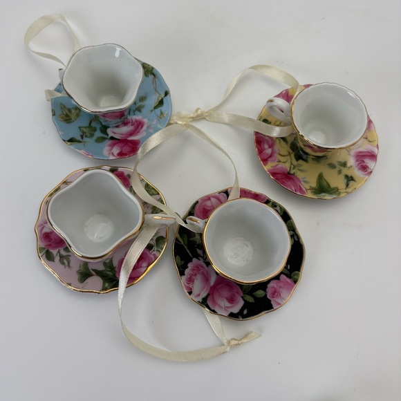 Other - Set of 4 Floral Mini Teacup Ornaments - Pink Roses on Colorful Backgrounds